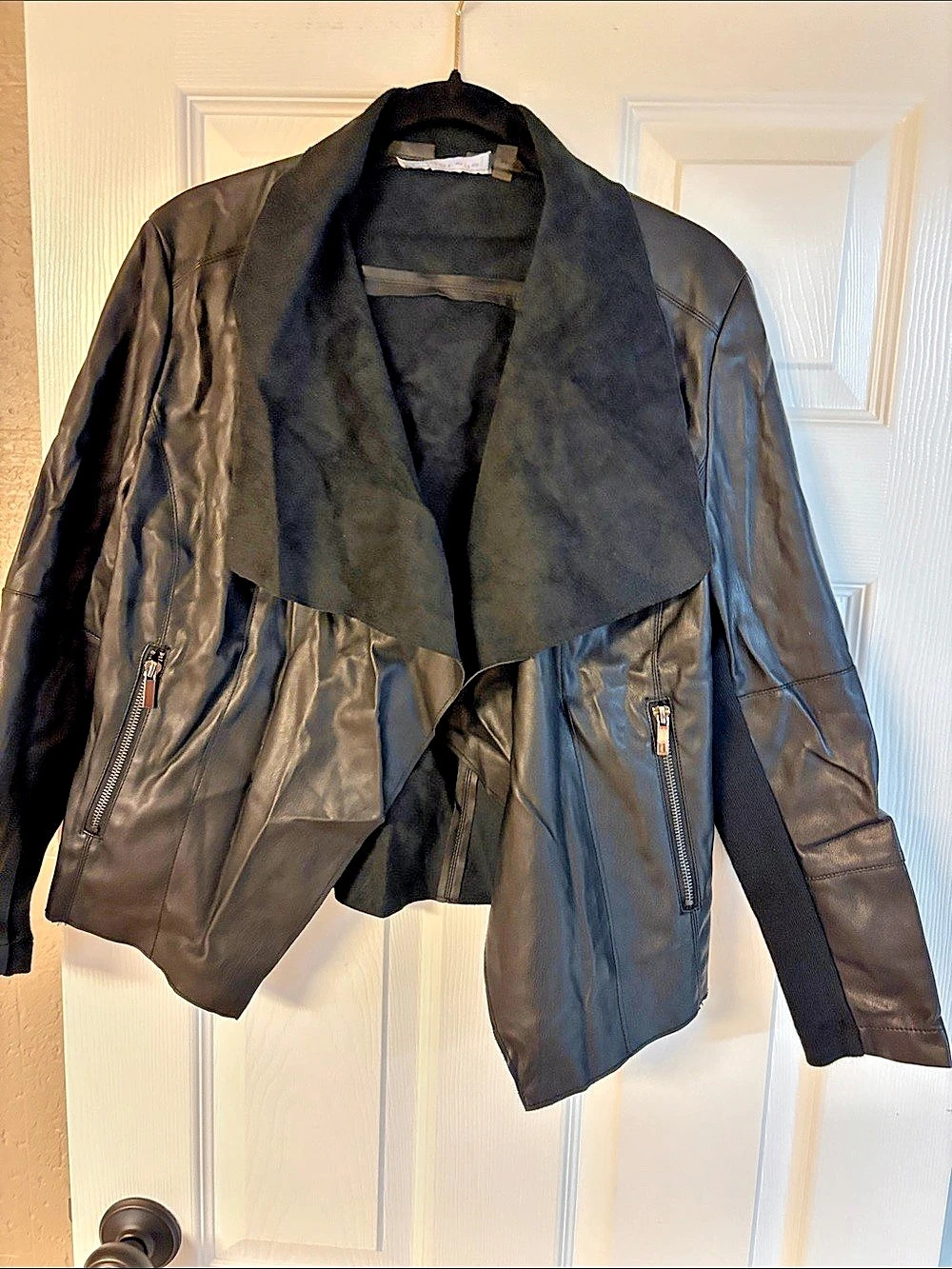 bagatelle Black Draped Faux Leather Jacket with Suede Collar Size Medium